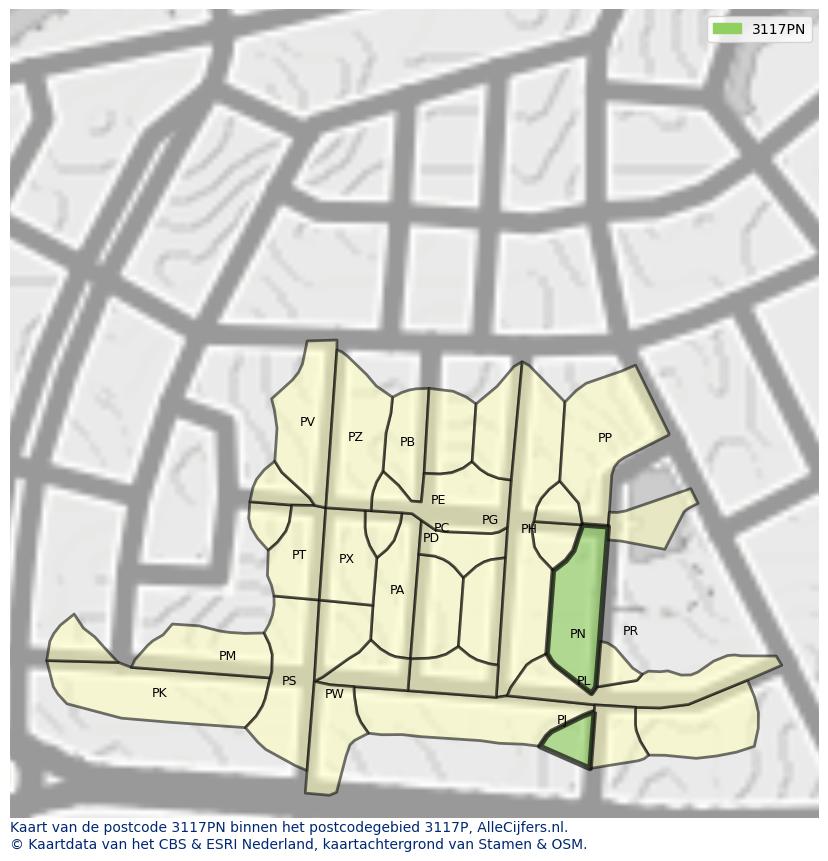 Afbeelding van het postcodegebied 3117 PN op de kaart.