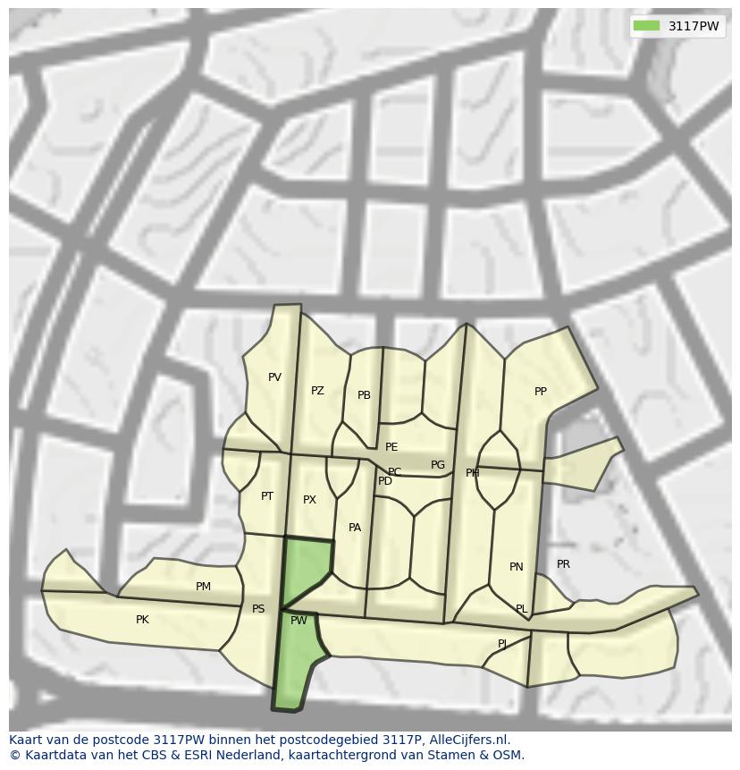 Afbeelding van het postcodegebied 3117 PW op de kaart.