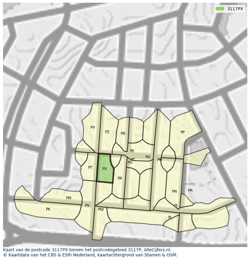 Afbeelding van het postcodegebied 3117 PX op de kaart.