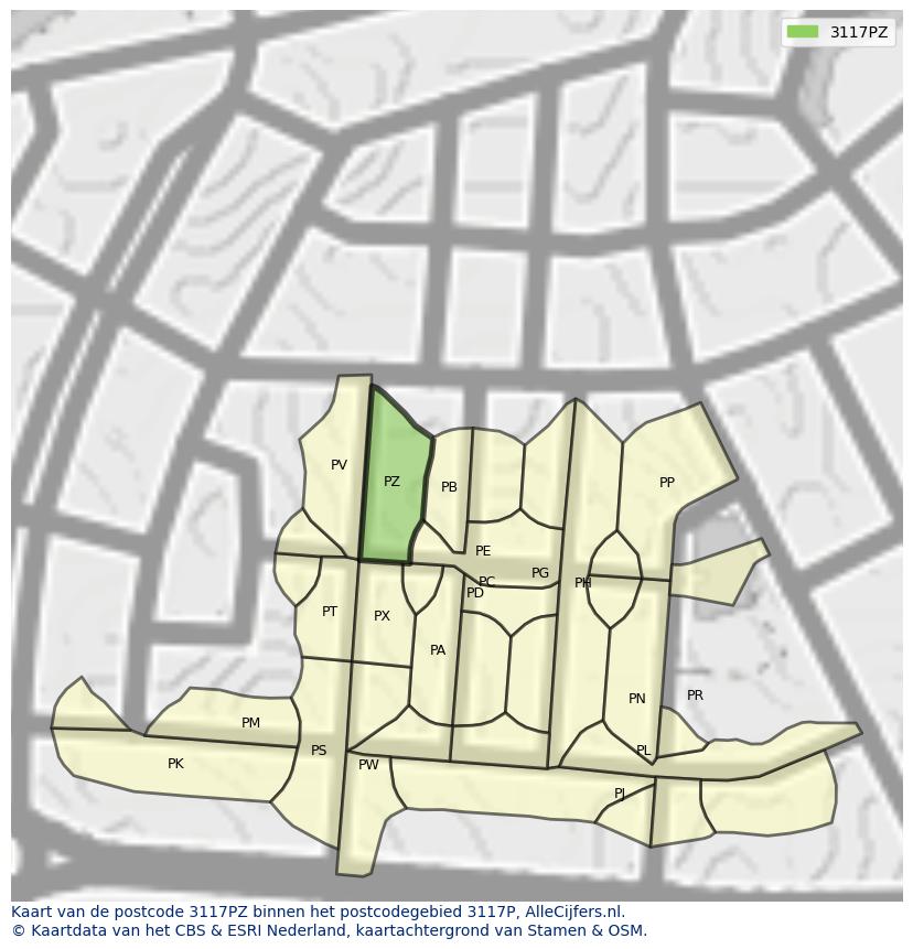 Afbeelding van het postcodegebied 3117 PZ op de kaart.