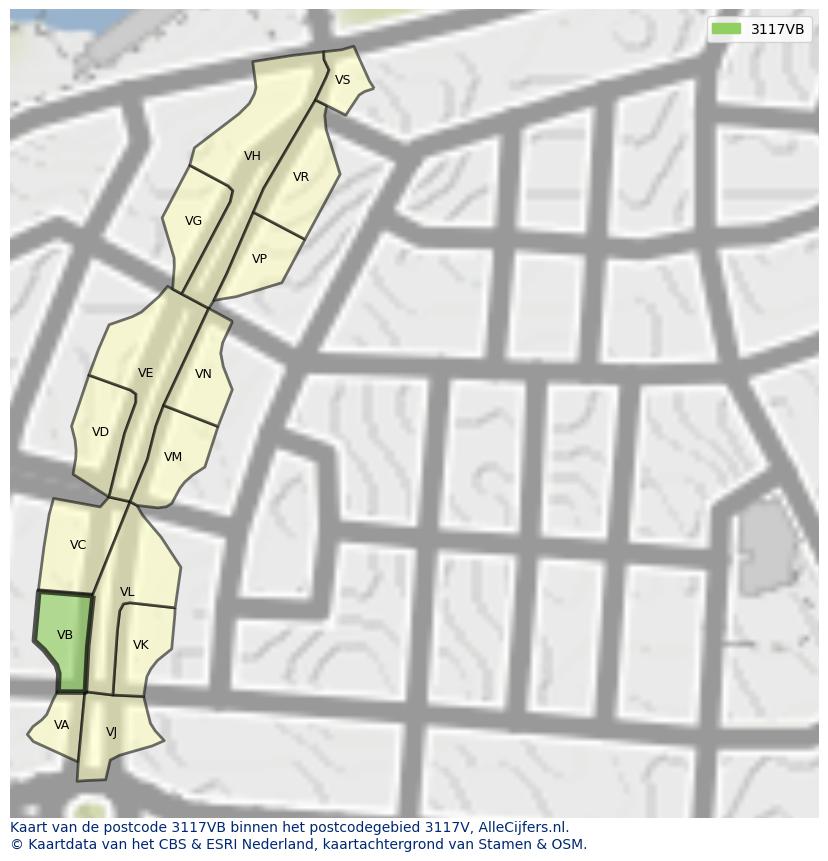 Afbeelding van het postcodegebied 3117 VB op de kaart.