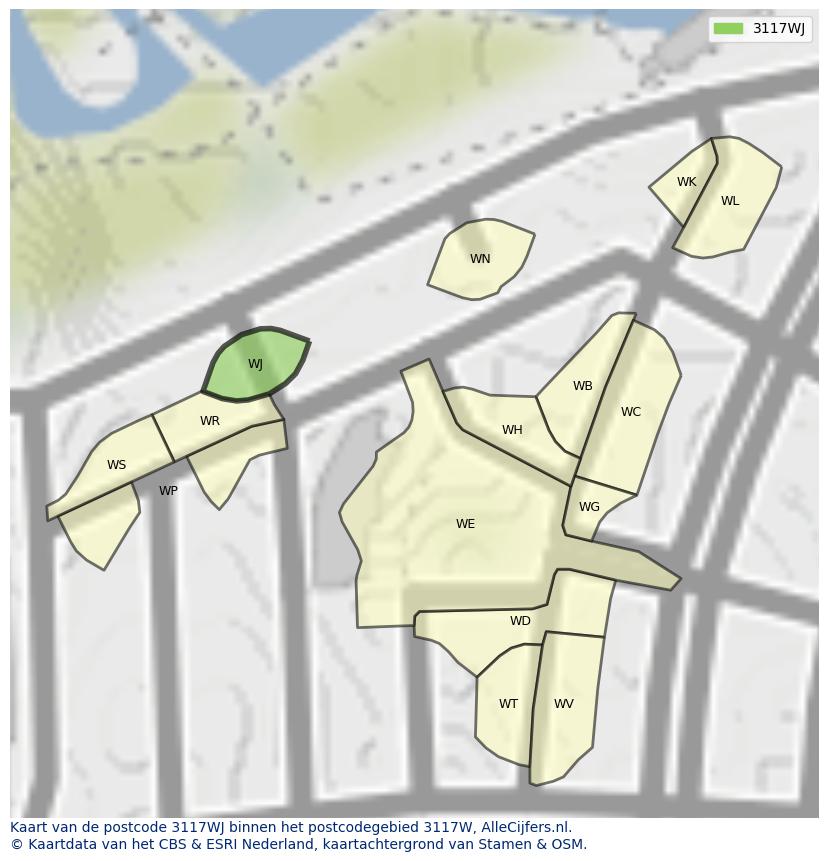 Afbeelding van het postcodegebied 3117 WJ op de kaart.