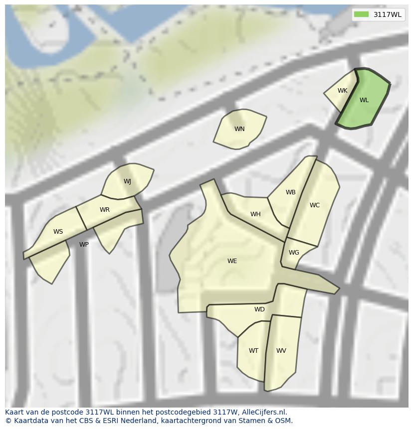 Afbeelding van het postcodegebied 3117 WL op de kaart.