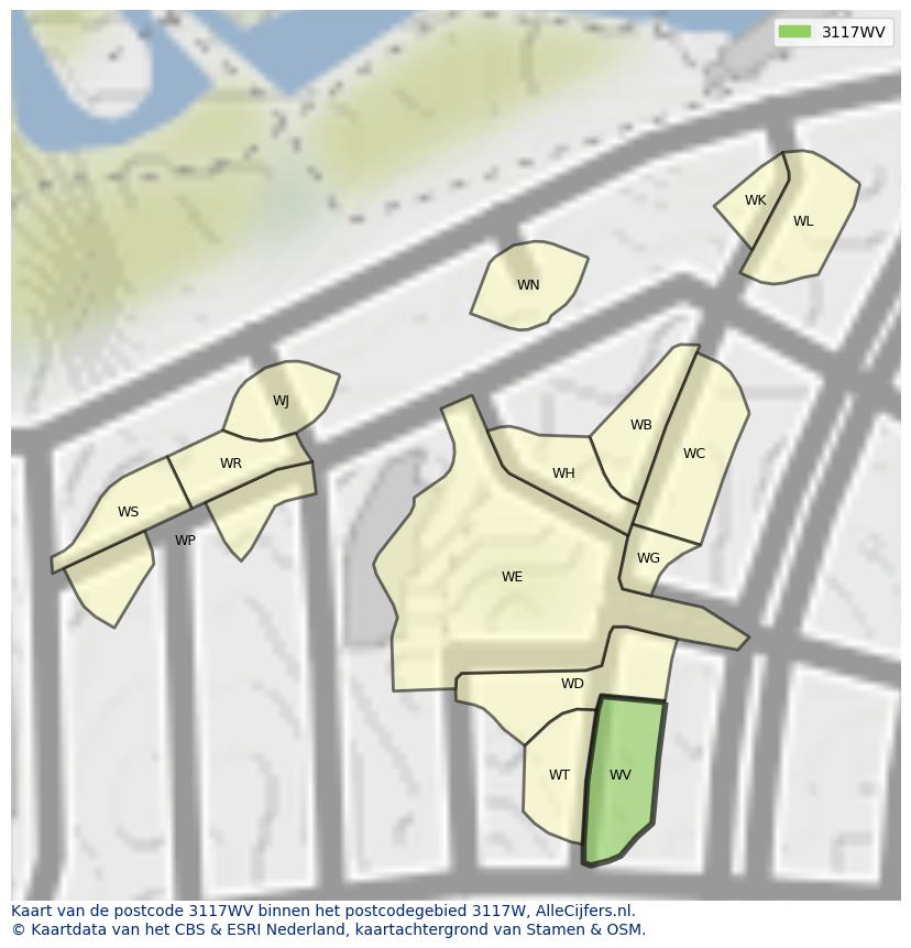 Afbeelding van het postcodegebied 3117 WV op de kaart.