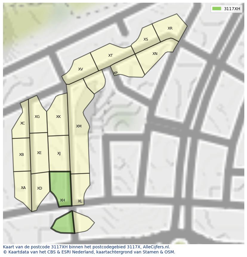 Afbeelding van het postcodegebied 3117 XH op de kaart.