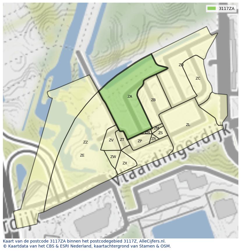 Afbeelding van het postcodegebied 3117 ZA op de kaart.