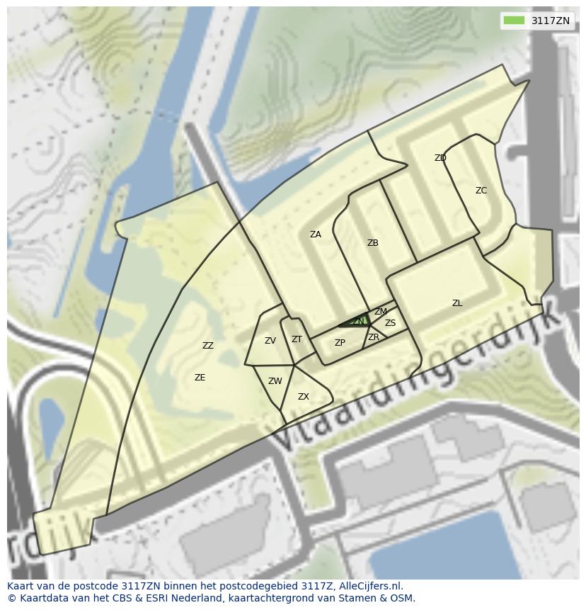 Afbeelding van het postcodegebied 3117 ZN op de kaart.