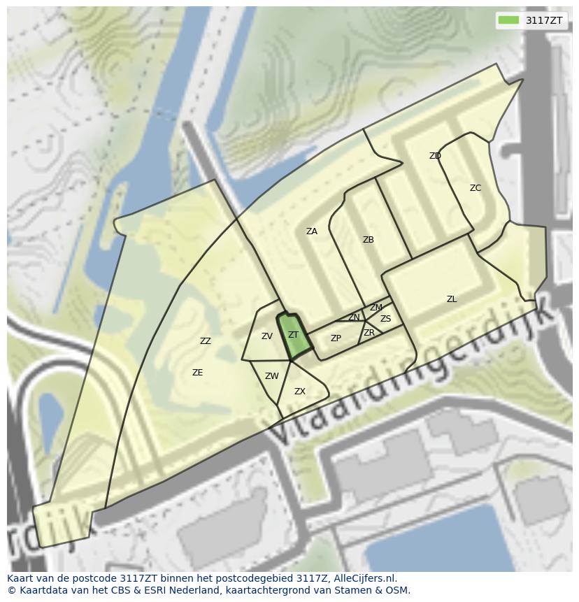 Afbeelding van het postcodegebied 3117 ZT op de kaart.