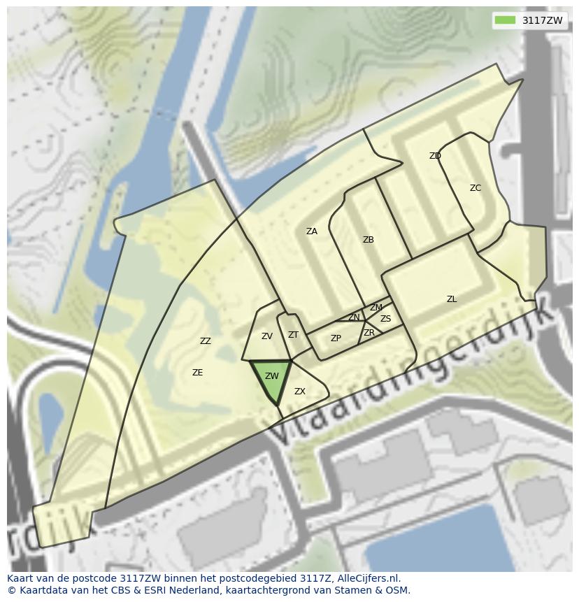 Afbeelding van het postcodegebied 3117 ZW op de kaart.