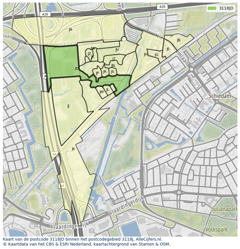 Afbeelding van het postcodegebied 3118 JD op de kaart.