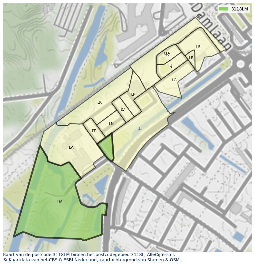Afbeelding van het postcodegebied 3118 LM op de kaart.