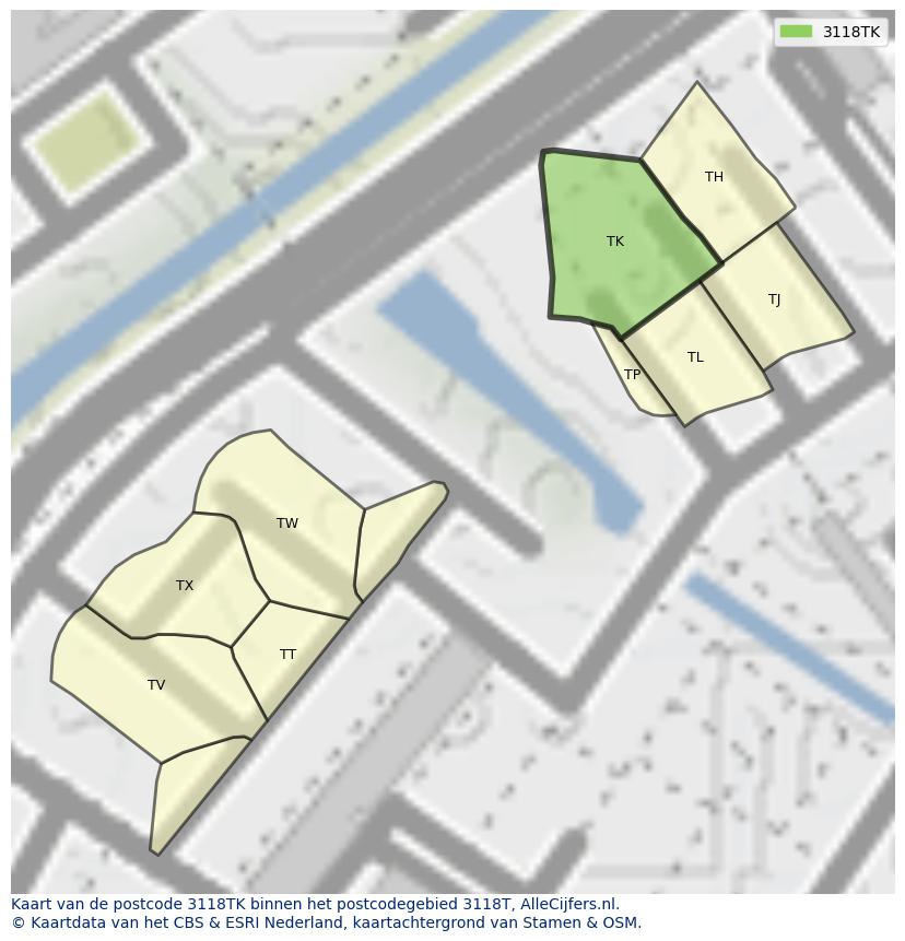 Afbeelding van het postcodegebied 3118 TK op de kaart.