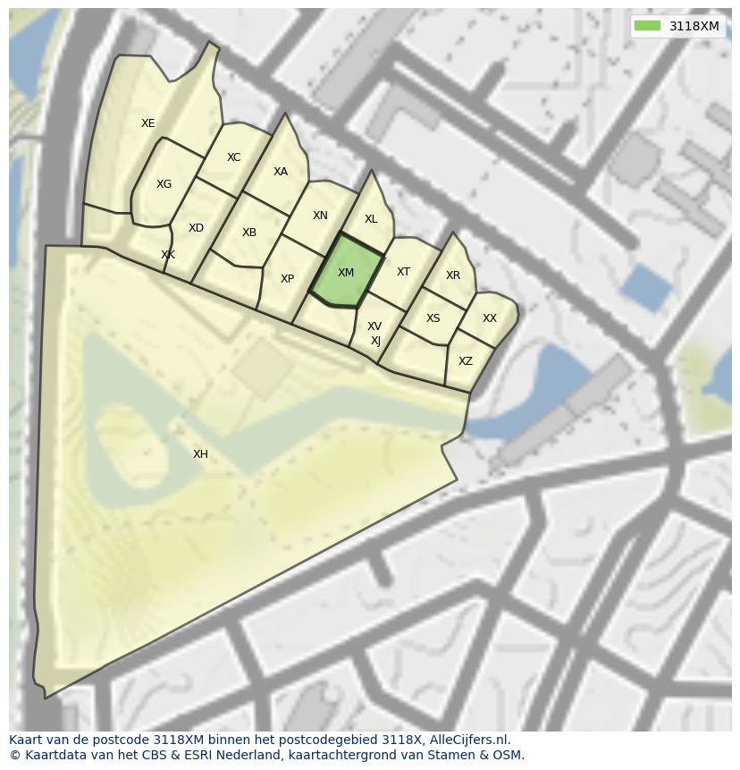 Afbeelding van het postcodegebied 3118 XM op de kaart.
