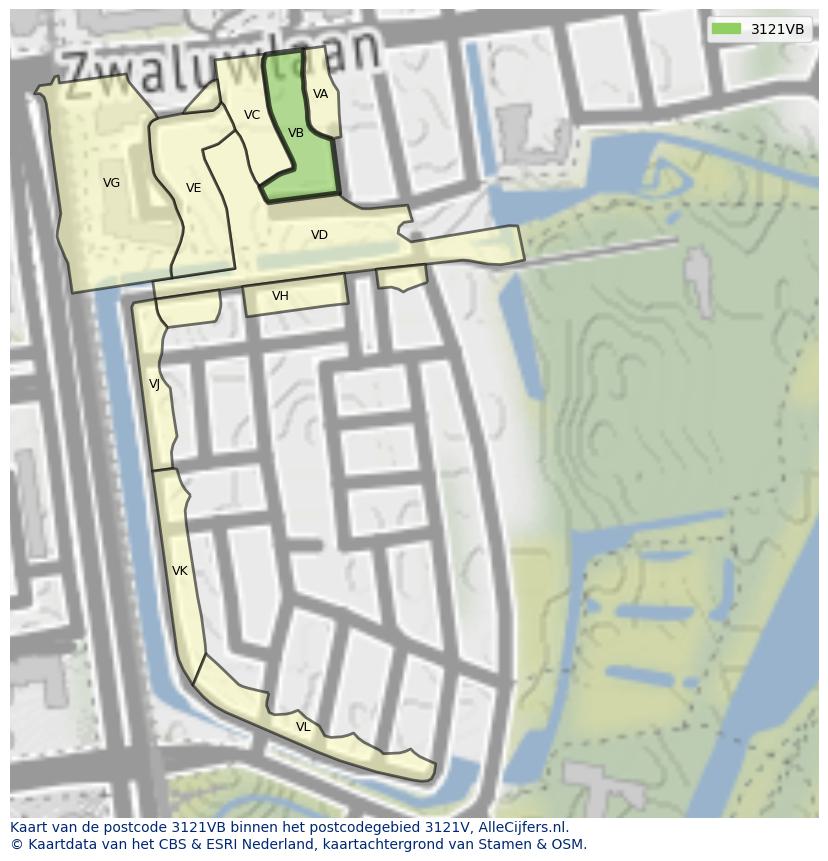 Afbeelding van het postcodegebied 3121 VB op de kaart.