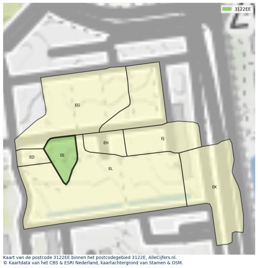 Afbeelding van het postcodegebied 3122 EE op de kaart.