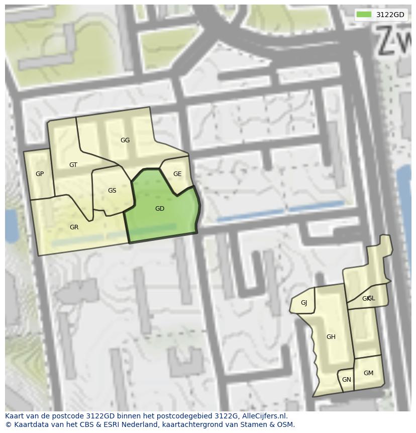 Afbeelding van het postcodegebied 3122 GD op de kaart.