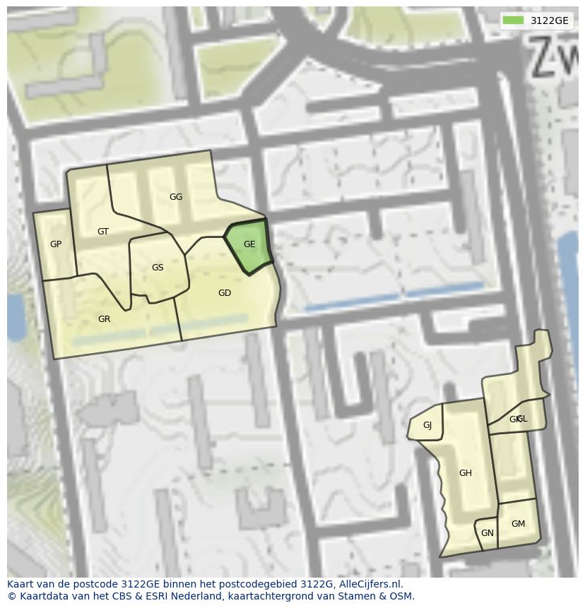 Afbeelding van het postcodegebied 3122 GE op de kaart.