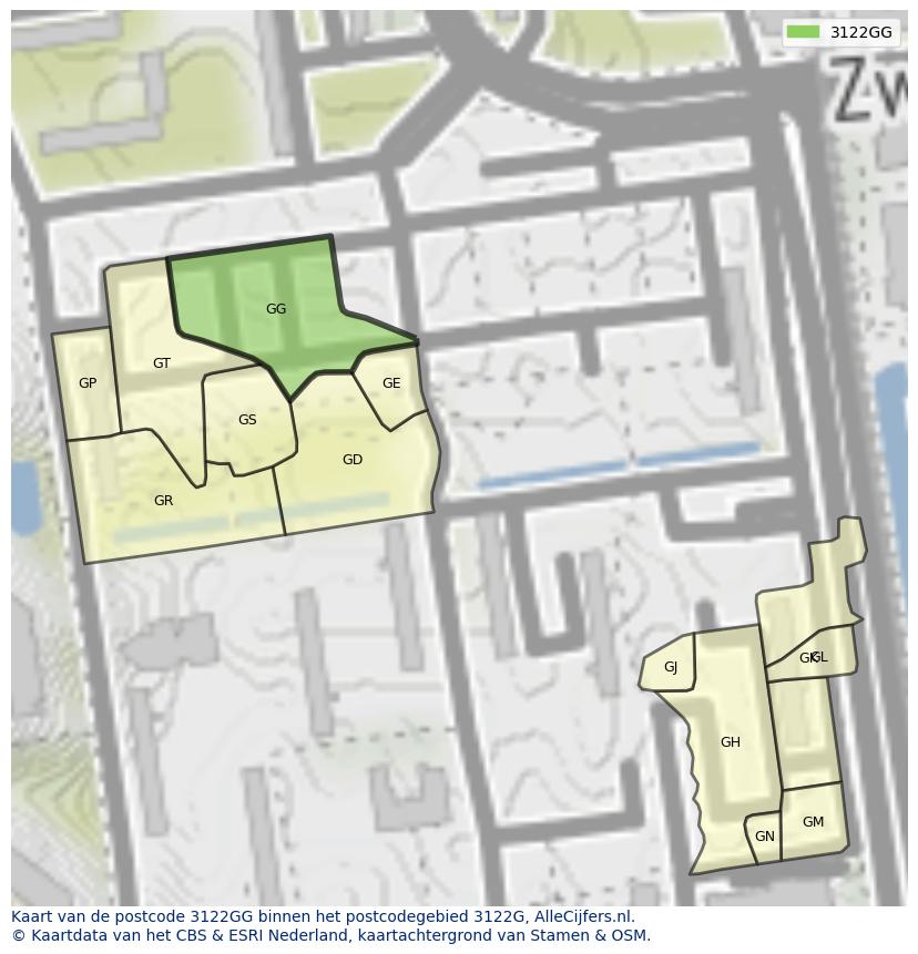 Afbeelding van het postcodegebied 3122 GG op de kaart.