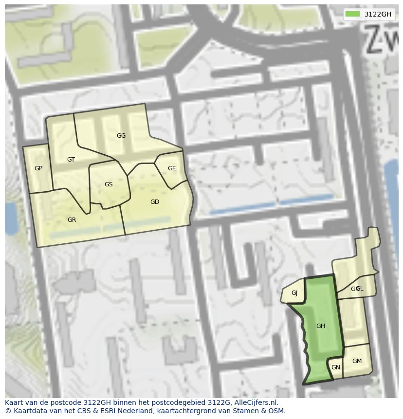 Afbeelding van het postcodegebied 3122 GH op de kaart.