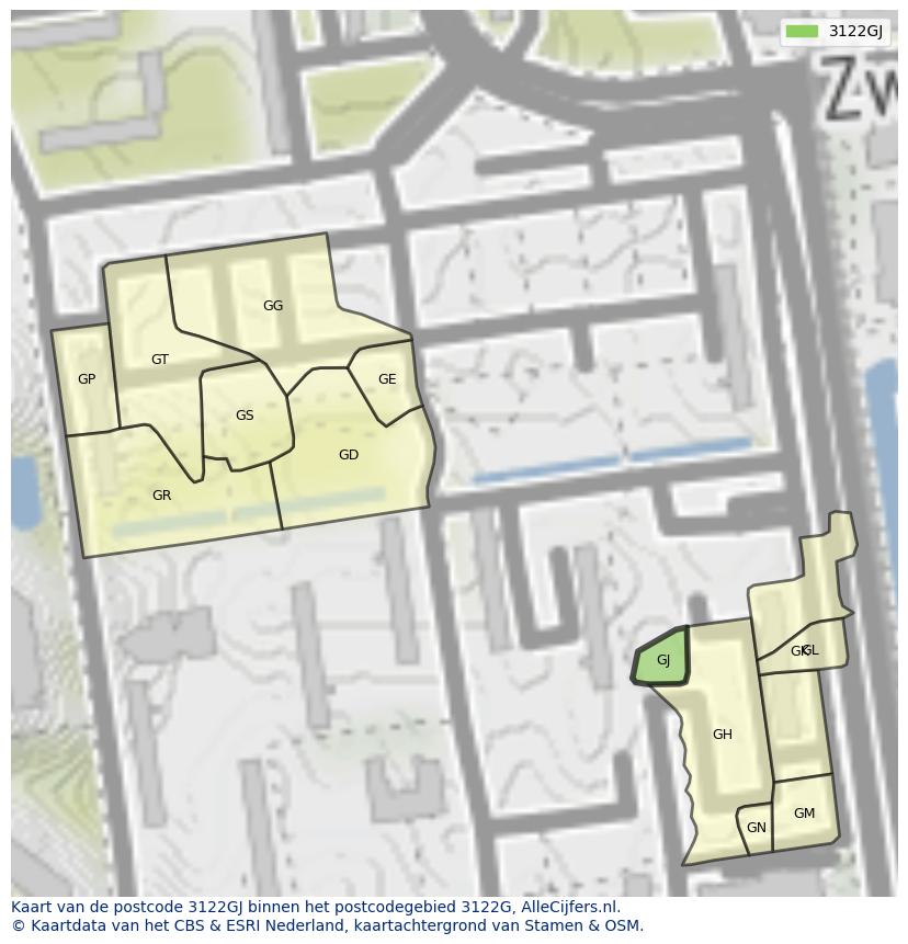 Afbeelding van het postcodegebied 3122 GJ op de kaart.