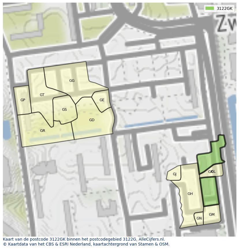 Afbeelding van het postcodegebied 3122 GK op de kaart.