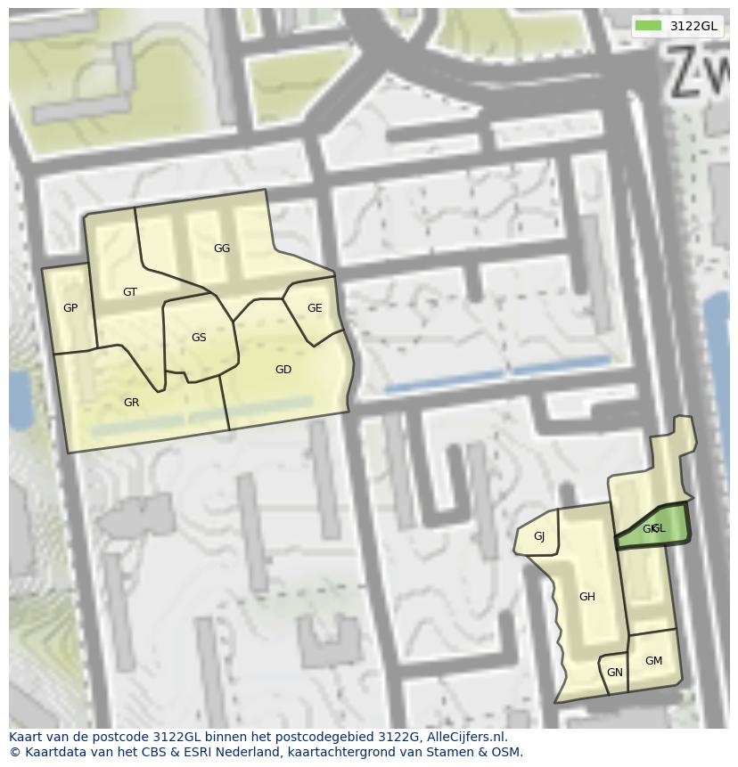Afbeelding van het postcodegebied 3122 GL op de kaart.