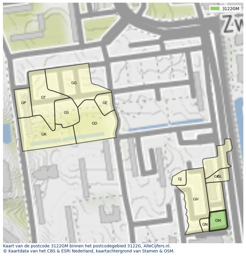 Afbeelding van het postcodegebied 3122 GM op de kaart.