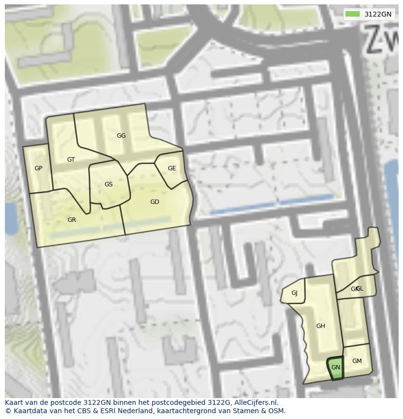 Afbeelding van het postcodegebied 3122 GN op de kaart.