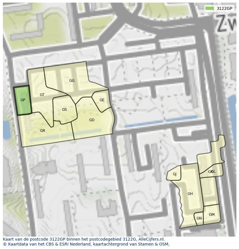 Afbeelding van het postcodegebied 3122 GP op de kaart.