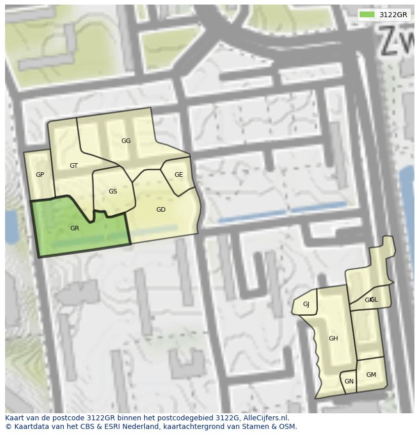 Afbeelding van het postcodegebied 3122 GR op de kaart.