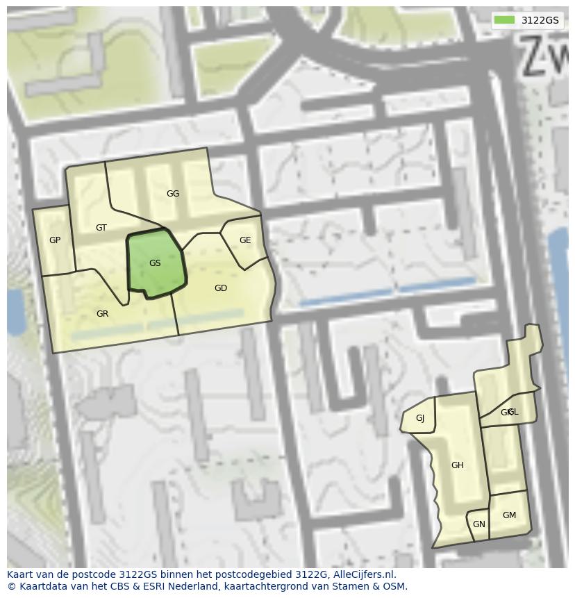 Afbeelding van het postcodegebied 3122 GS op de kaart.
