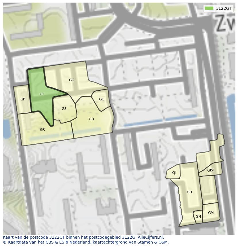 Afbeelding van het postcodegebied 3122 GT op de kaart.