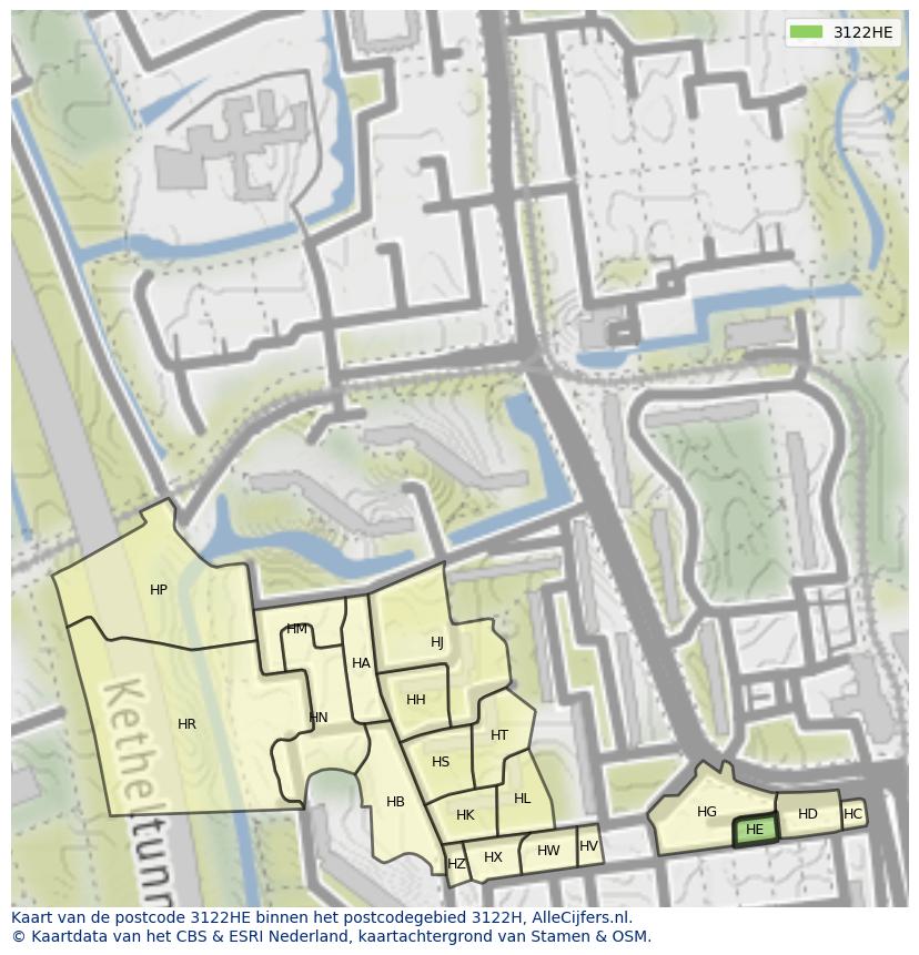 Afbeelding van het postcodegebied 3122 HE op de kaart.