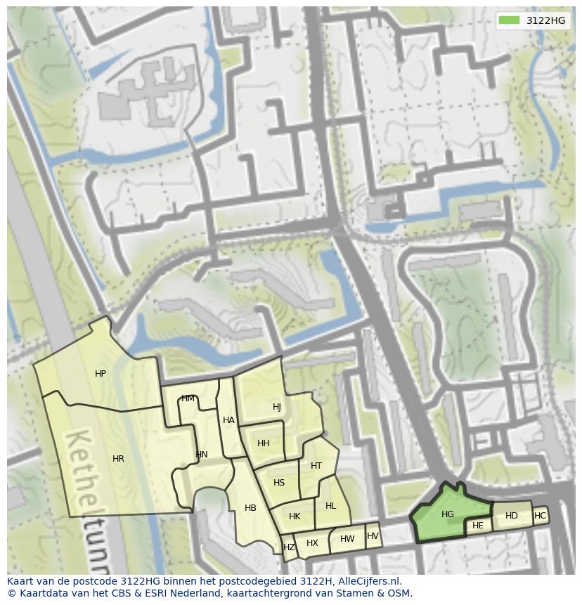 Afbeelding van het postcodegebied 3122 HG op de kaart.