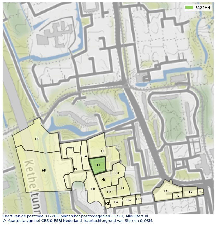 Afbeelding van het postcodegebied 3122 HH op de kaart.