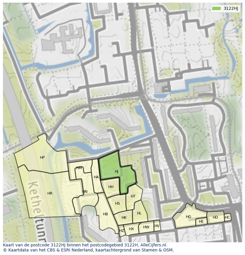 Afbeelding van het postcodegebied 3122 HJ op de kaart.
