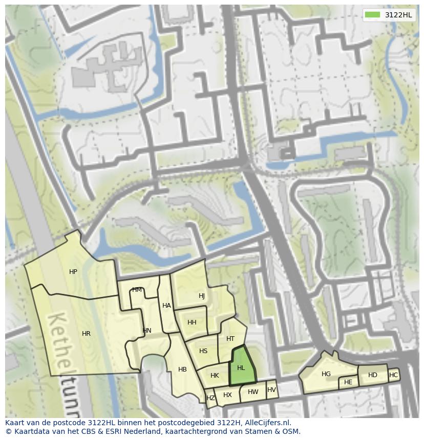 Afbeelding van het postcodegebied 3122 HL op de kaart.