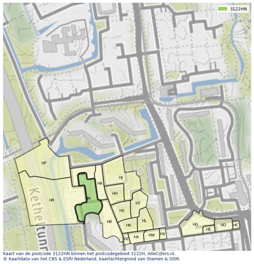 Afbeelding van het postcodegebied 3122 HN op de kaart.