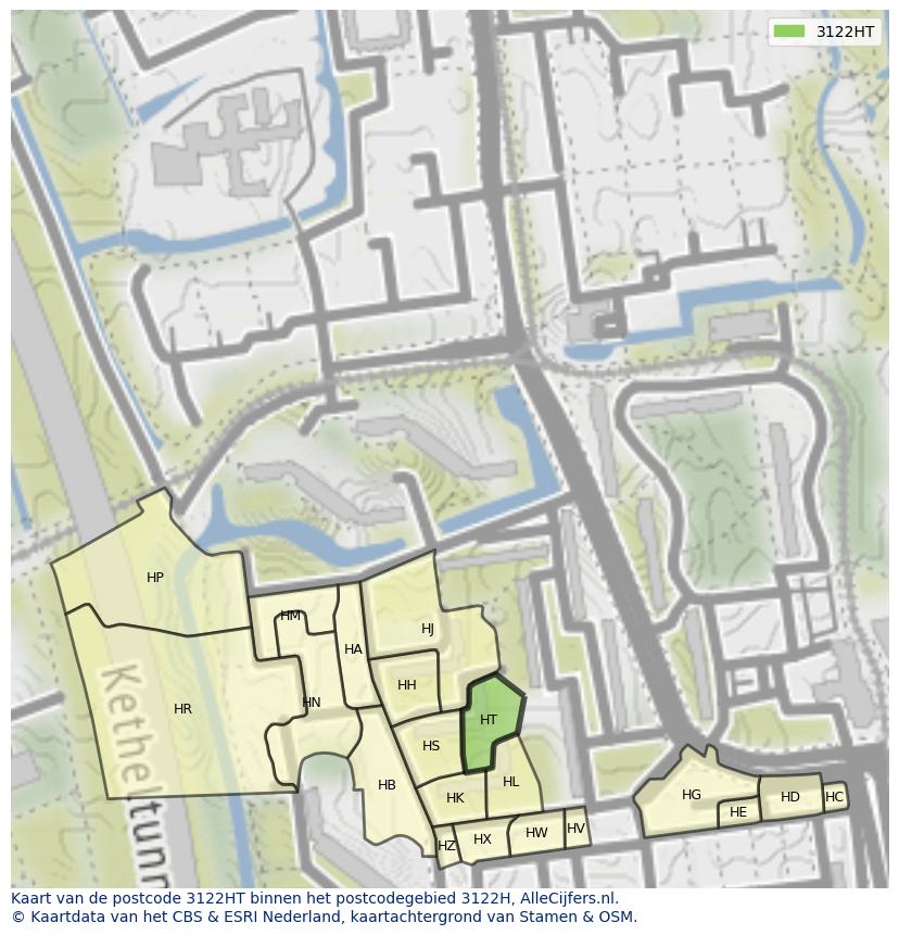 Afbeelding van het postcodegebied 3122 HT op de kaart.