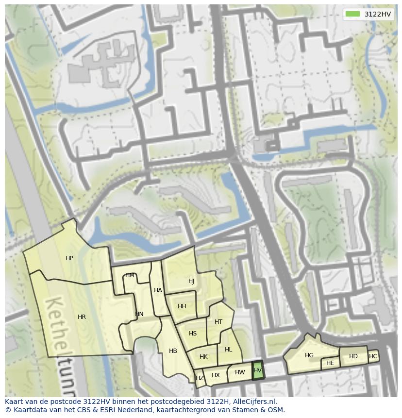 Afbeelding van het postcodegebied 3122 HV op de kaart.