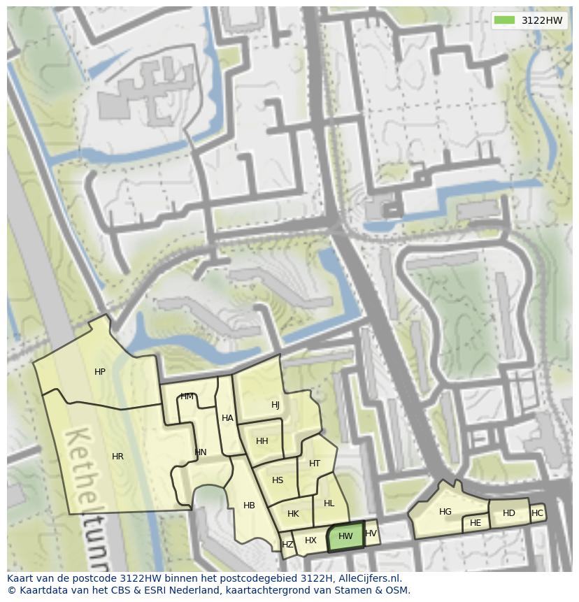 Afbeelding van het postcodegebied 3122 HW op de kaart.