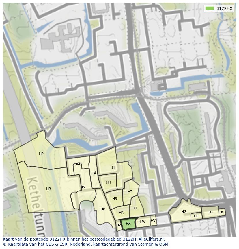 Afbeelding van het postcodegebied 3122 HX op de kaart.