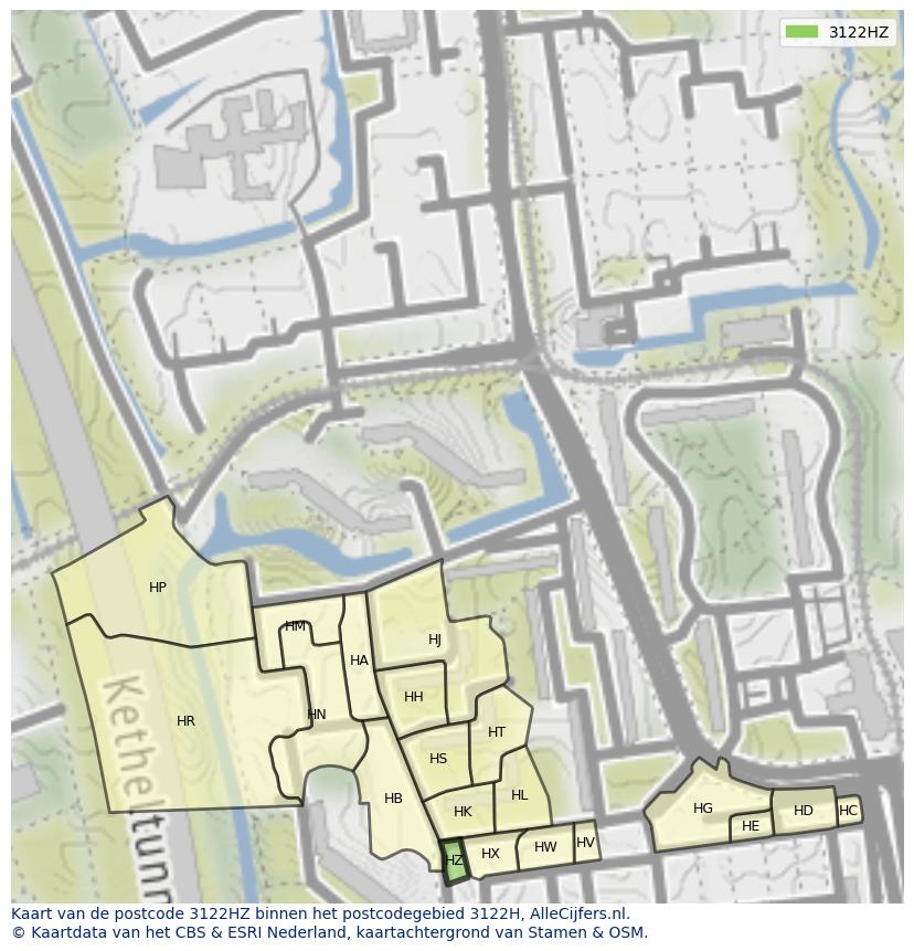 Afbeelding van het postcodegebied 3122 HZ op de kaart.