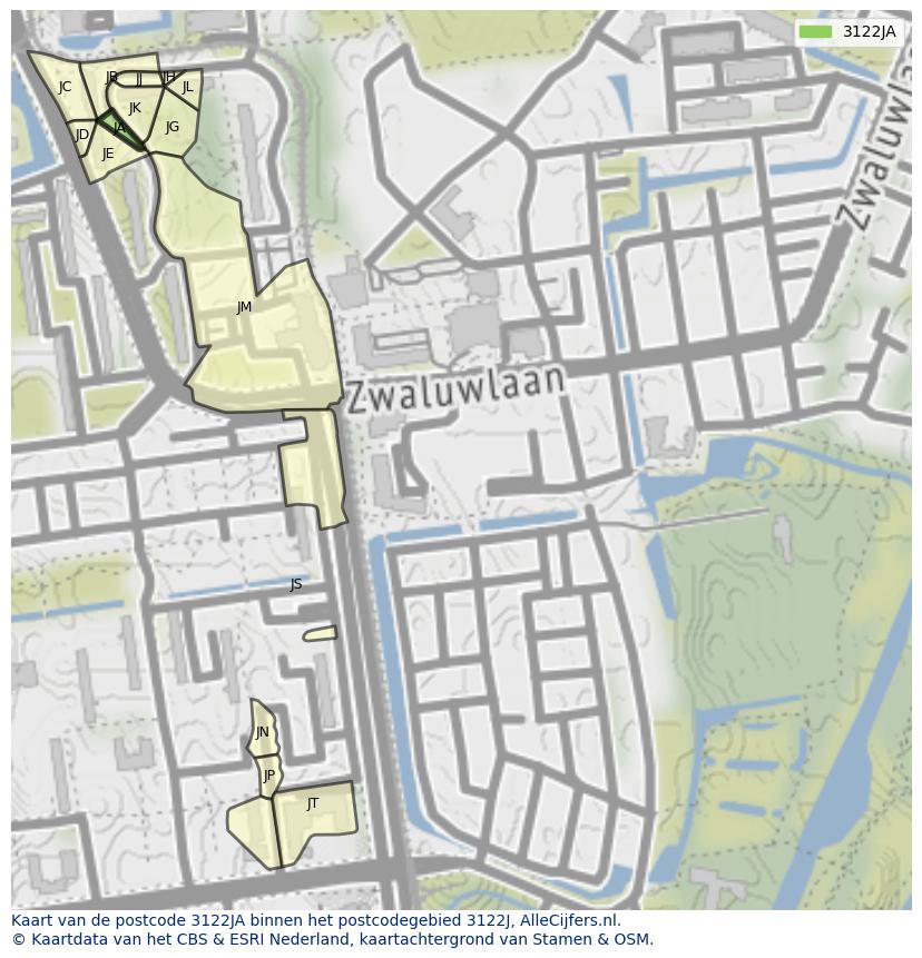 Afbeelding van het postcodegebied 3122 JA op de kaart.