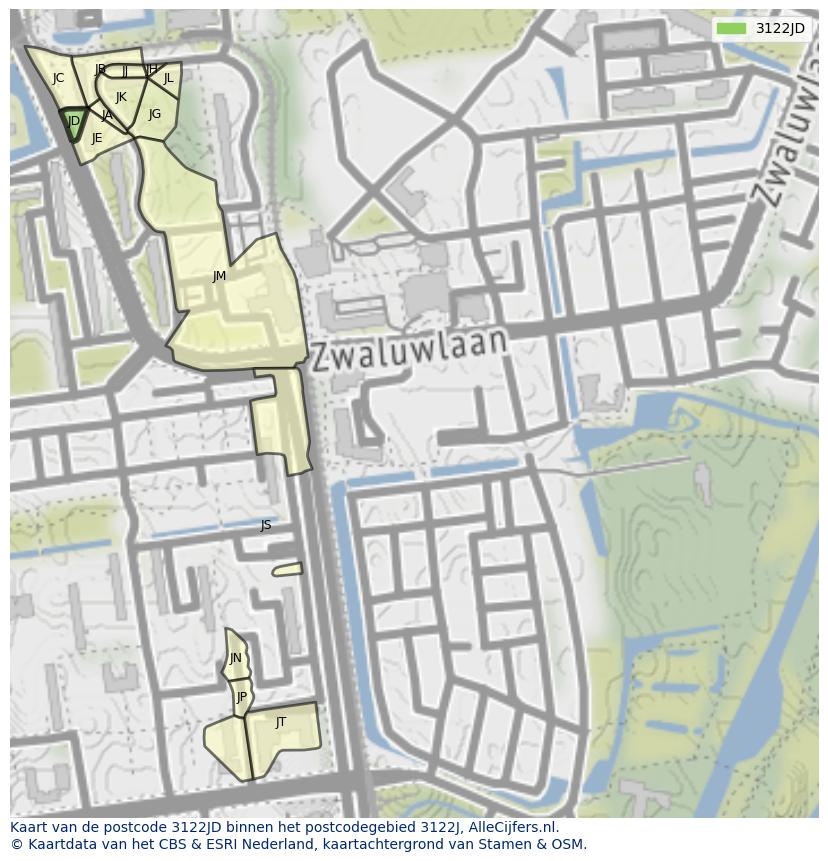 Afbeelding van het postcodegebied 3122 JD op de kaart.