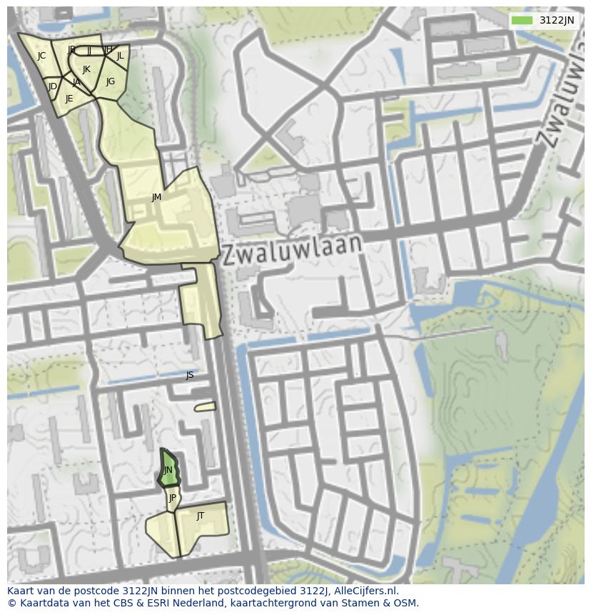 Afbeelding van het postcodegebied 3122 JN op de kaart.