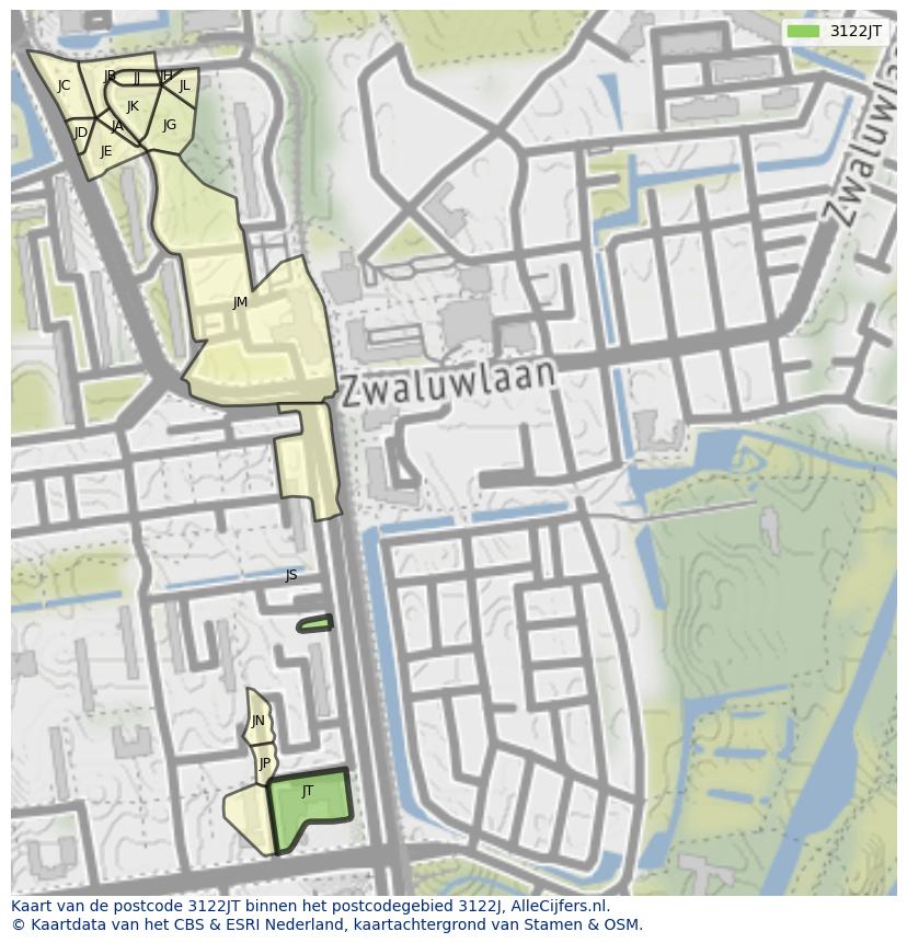 Afbeelding van het postcodegebied 3122 JT op de kaart.