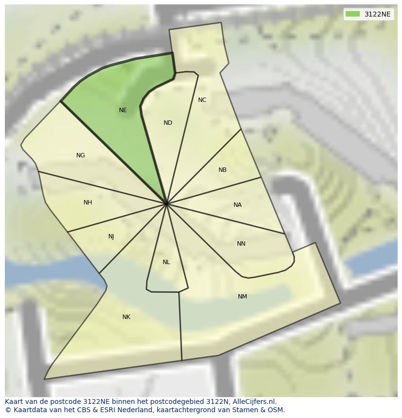 Afbeelding van het postcodegebied 3122 NE op de kaart.