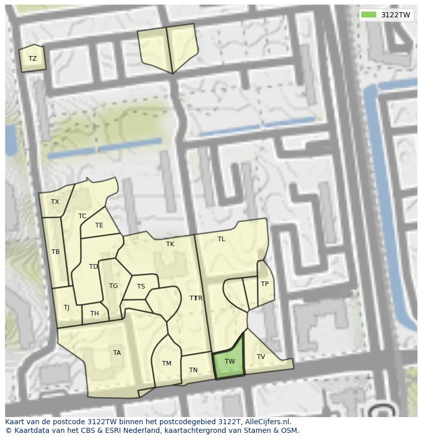 Afbeelding van het postcodegebied 3122 TW op de kaart.
