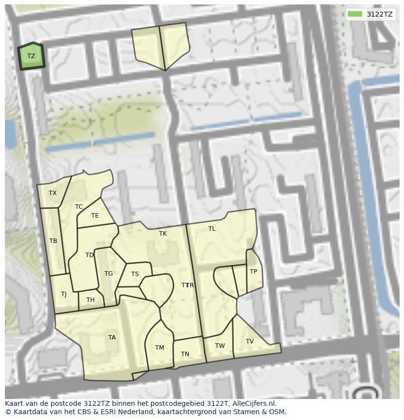 Afbeelding van het postcodegebied 3122 TZ op de kaart.